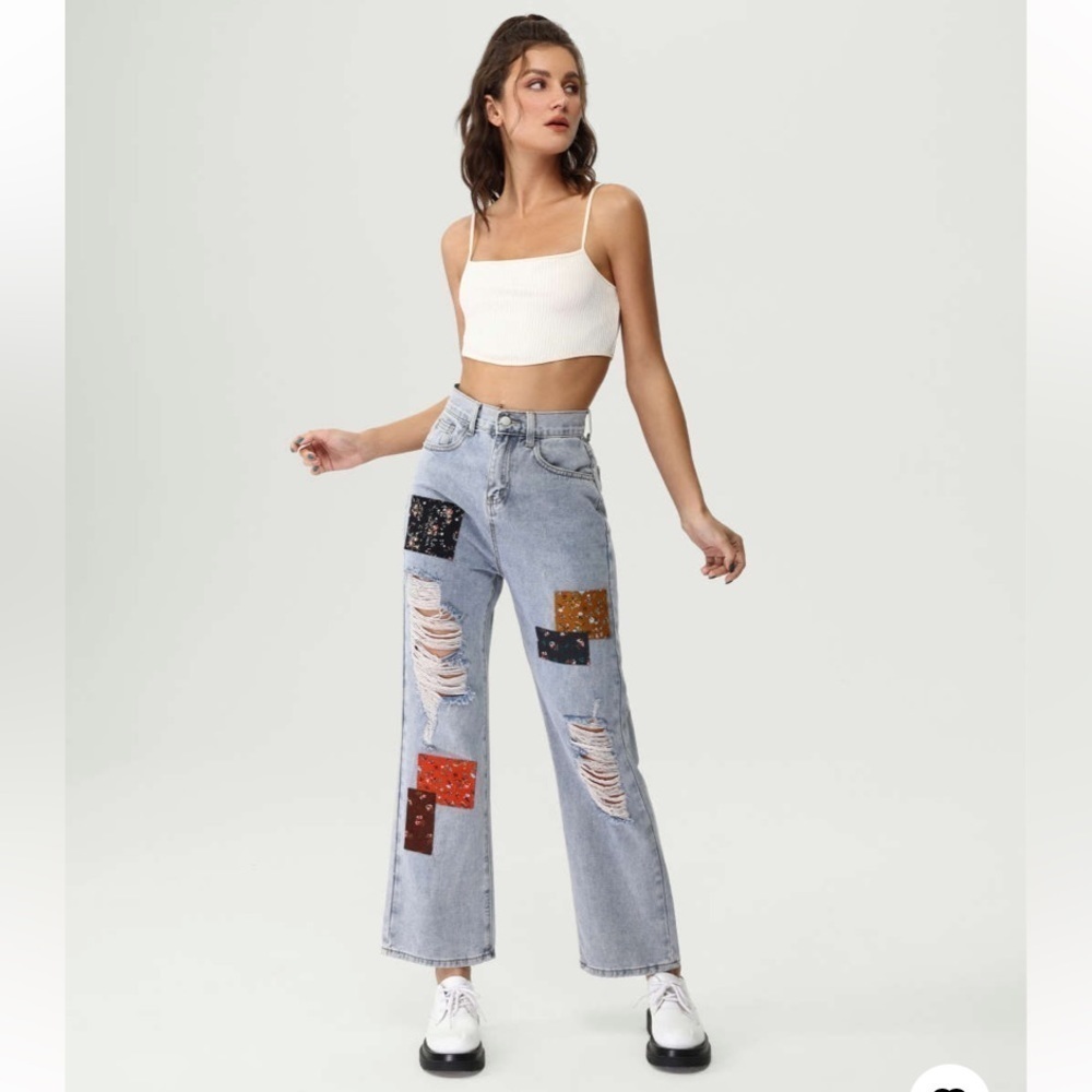 CIDER Light Wash High Rise Straight Leg Cropped Patchwork Jeans, Size Small